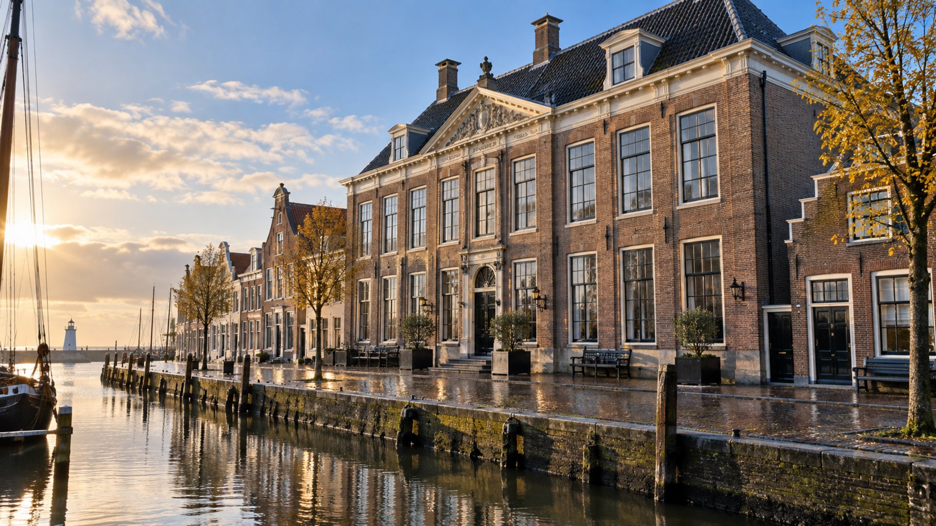 Zonnige bakstenen gevel aan een stille Harlinger gracht, hoge schuiframen, natte klinkers, zonder mensen