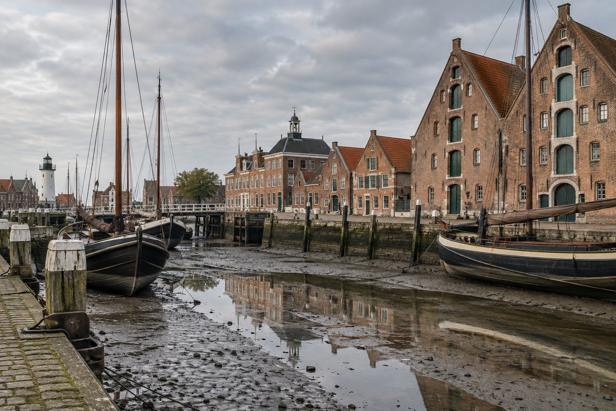 Stille binnenhaven van Harlingen, oranje-rode pakhuizen, eb en slib, zonder mensen, zonder scheepsnamen