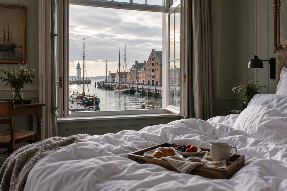 Slaapkamer met rumpled linnen en open raam op een Friese haven, ontbijtblad, zonder mensen