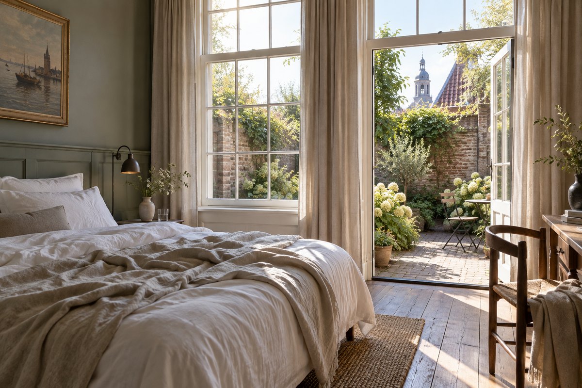 Slaapkamer met linnen en openslaande deuren naar een bakstenen tuin, zonder mensen