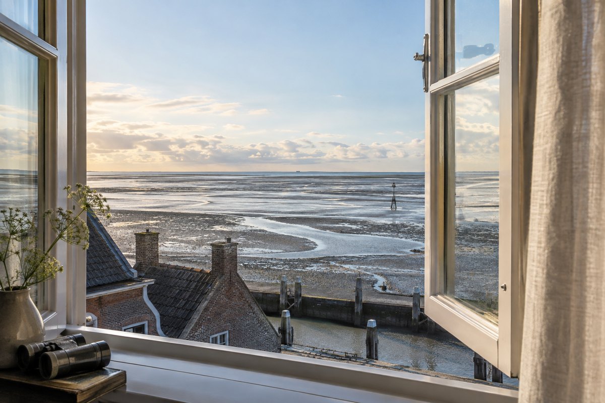 Open hotelraam op wadplaten en een zilveren horizon, linnen gordijn, zonder mensen
