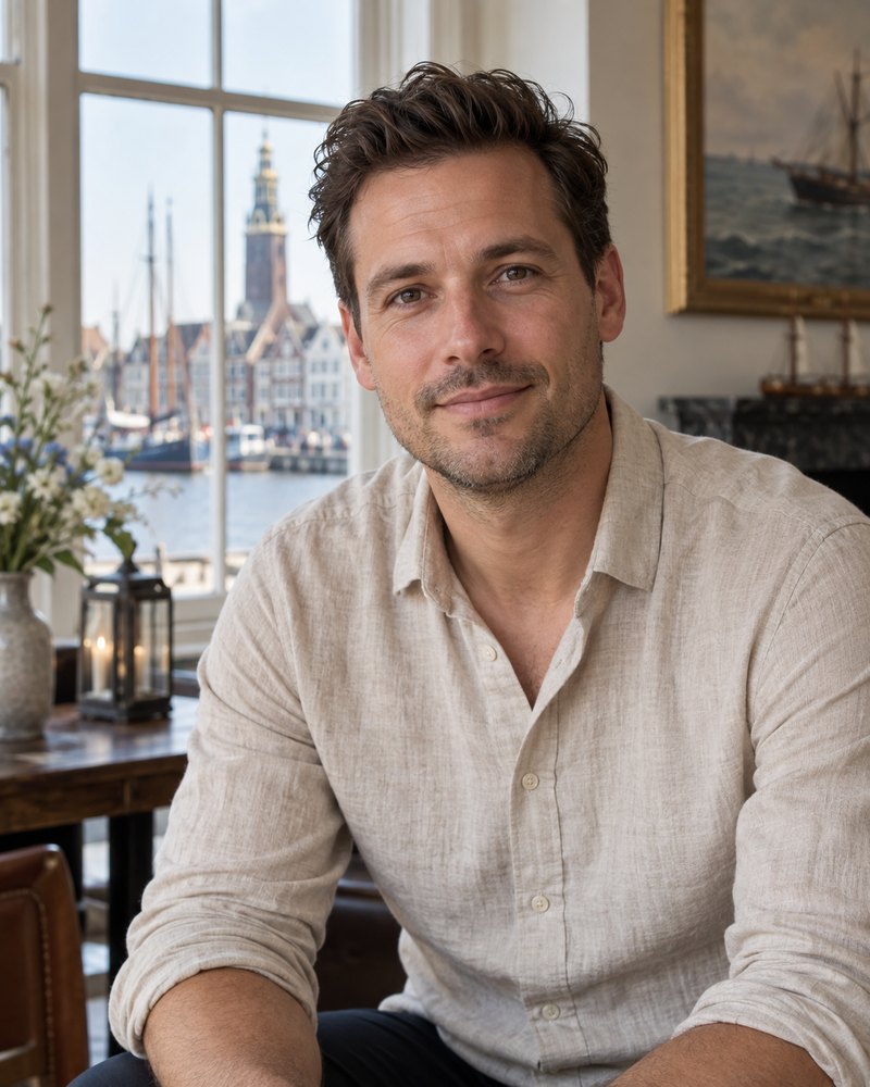 Portret van Jelle van der Meer in een linnen overhemd, daglicht, zonder logo