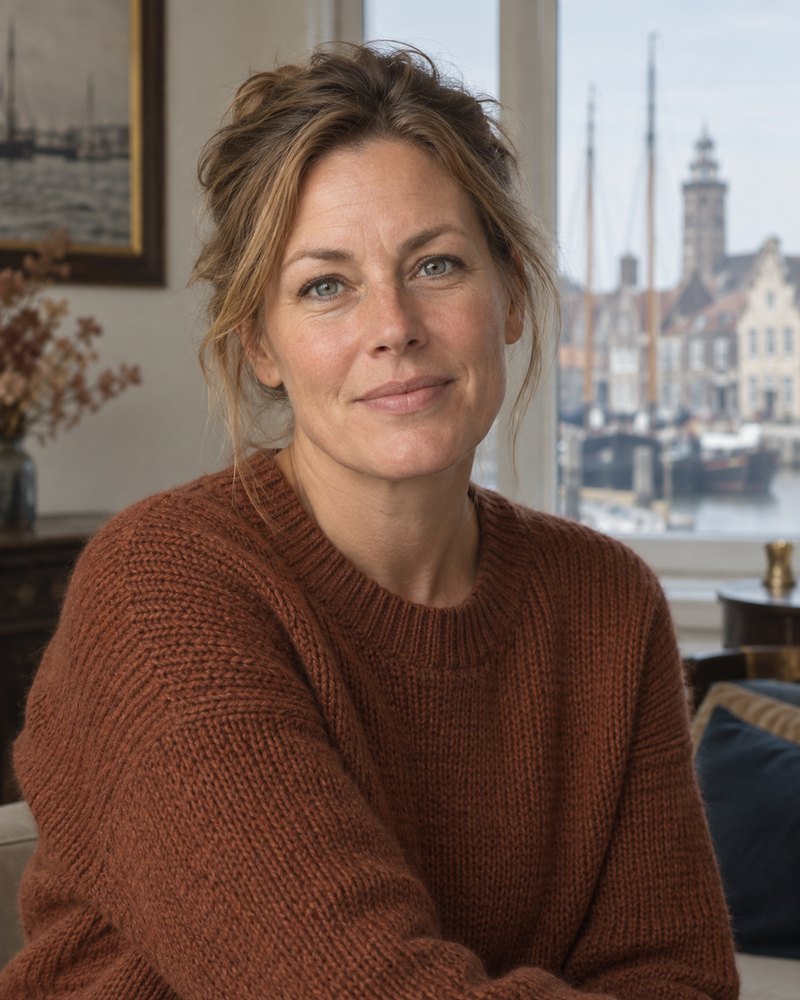 Portret van Sjoukje de Vries in een roestbruine trui, daglicht, zonder logo