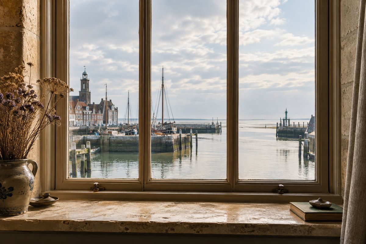 Houten schuifraam met twee verticale stijlen, uitzicht op een vale haven, stenen dorpel, zonder mensen