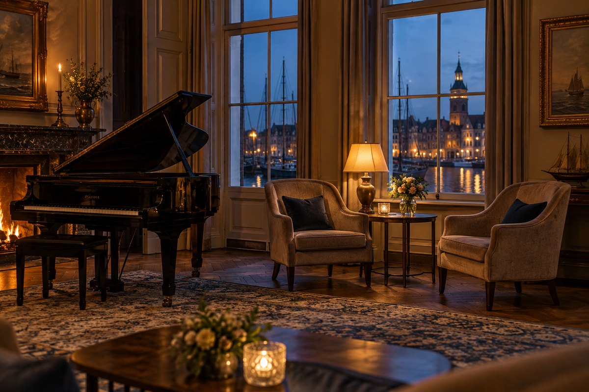 Lege hotelsalon met een zwarte vleugel, twee stoelen, één warme lamp, avond, zonder mensen