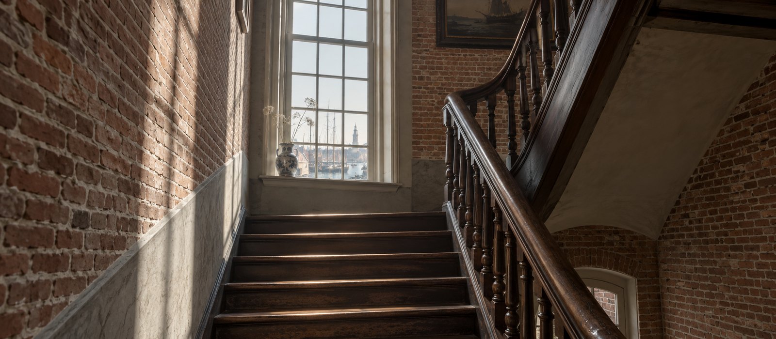 Lege bakstenen trap in een hoog Fries huis, één hoog raam, bleek stoflicht, zonder mensen
