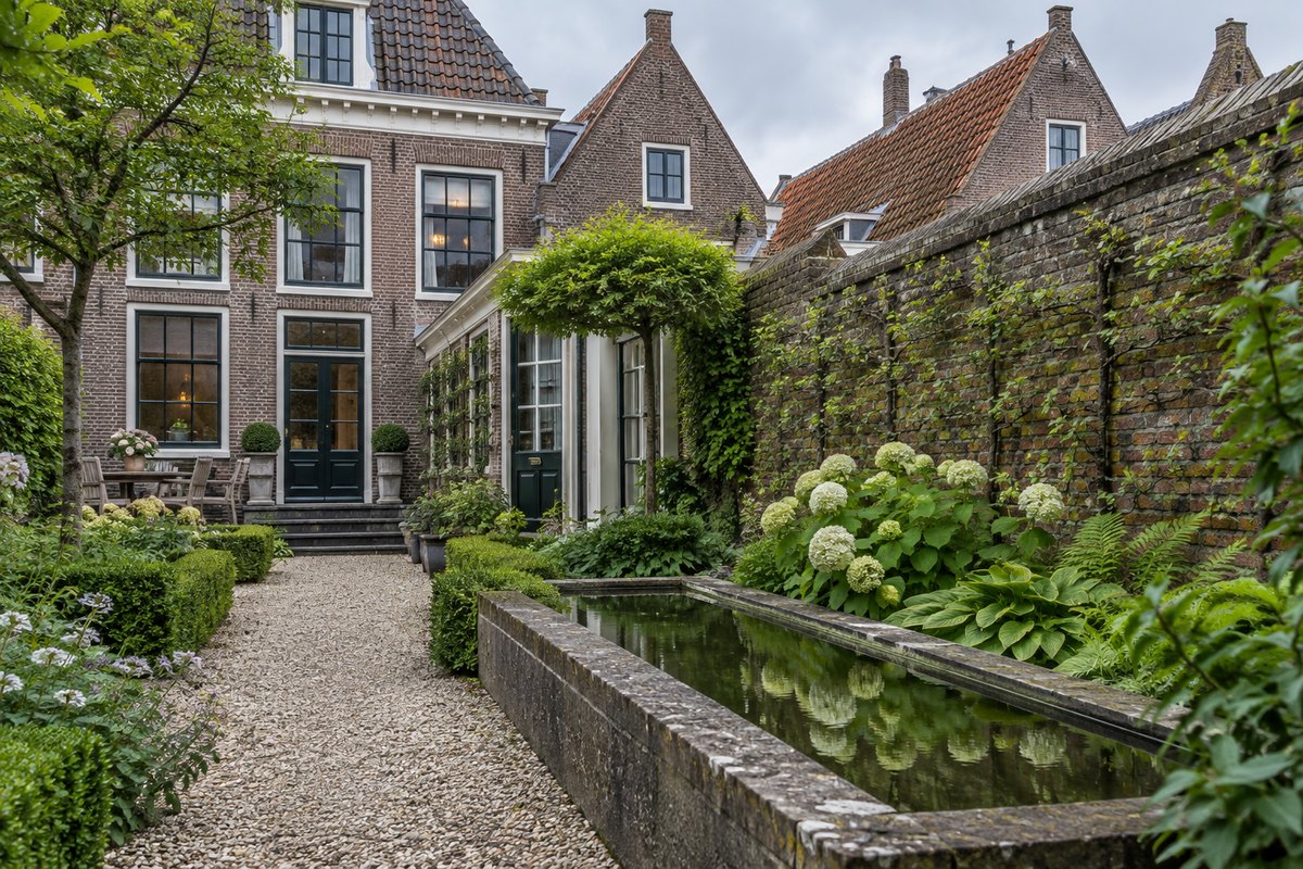 Ommuurde bakstenen tuin achter een Fries huis, grindpad en stille waterbak, bewolkt, zonder mensen