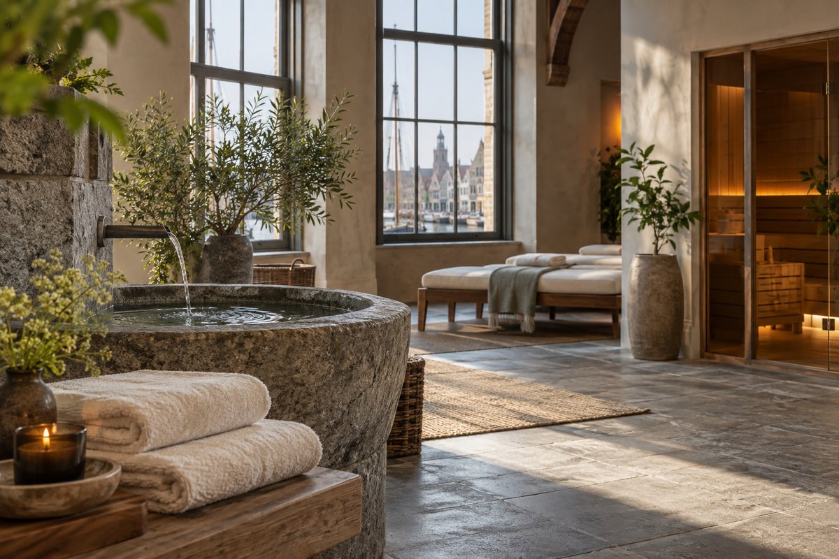 Stil hotelbekken van steen met bleke handdoeken, indirect daglicht, planten, zonder mensen
